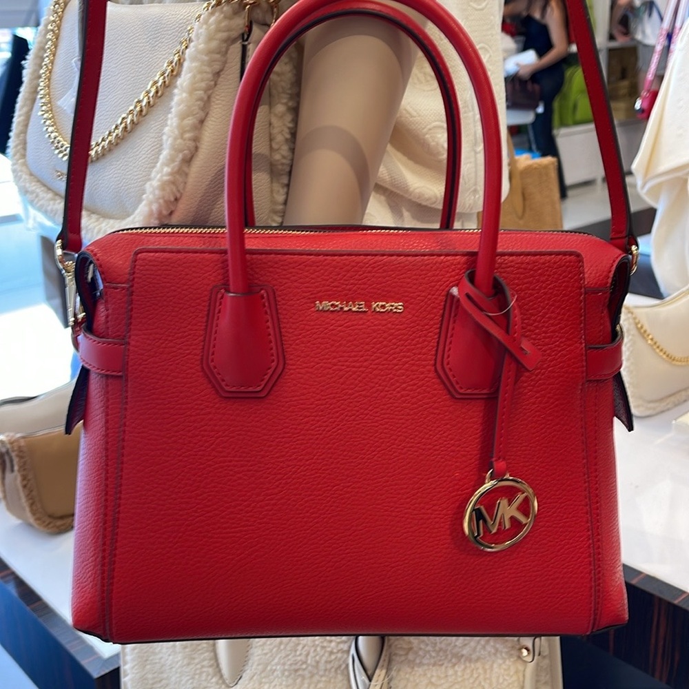 Michael Kors Mercer Medium Top-Zip Belted Satchel Crossbody Purse 
BRIGHT RED
NW - Picture 13 of 16